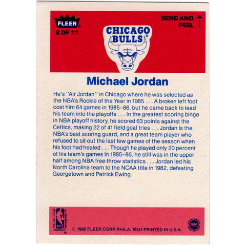 1986-87 Fleer Michael Jordan Sticker RC 1987 #8 Ex-MT HOF Bulls Rookie Card