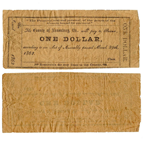 March 29th, 1862 County of Lunenburg, Va One Dollar Note - Very Good