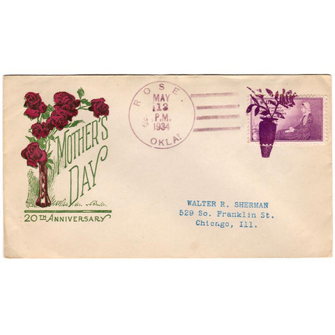 May 12, 1934 Mother's Day Cover with Rose Okla Fancy Cancel