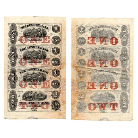 1850s Sussex Bank Newton, New Jersey $1-1-1-2 Uncut Sheet NJ-390-X1 - Very Fine/Extremely Fine