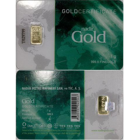 1 gram Nadir .9999 Gold Bars in Assay Card