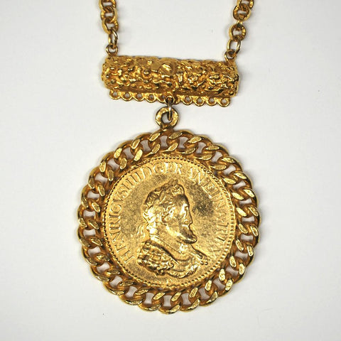 Massive Alice Caviness Vintage Gold Tone Henry IV Coin Necklace