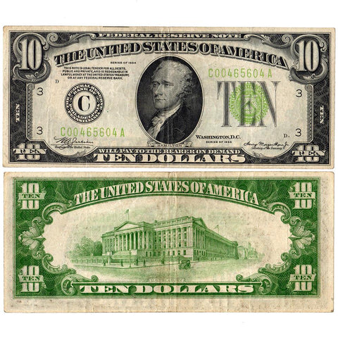 1934 $10 Federal Reserve Note Philadelphia District Fr. 2004-C - Very Fine
