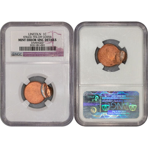 No-Date Lincoln Cent - 75% Off-Center - NGC Unc Details (Damaged)
