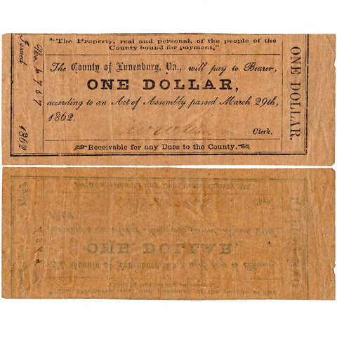 March 29th, 1862 County of Lunenburg, Va One Dollar Note - Very Fine