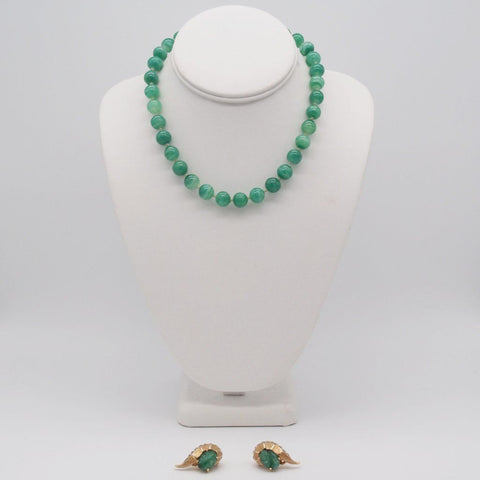 Jomaz Faux Carved Jade Molded Glass Beaded Necklace & Clip On Earrings