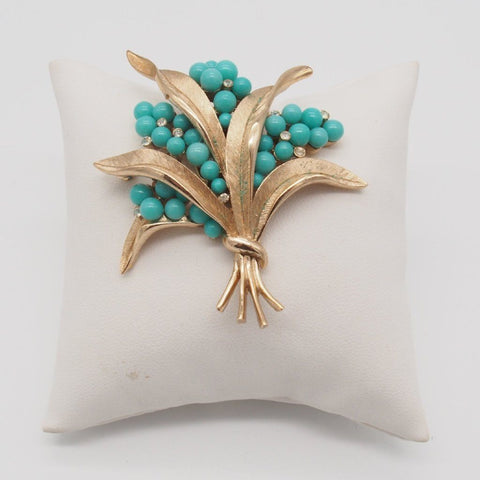 Vintage Trifari Faux Turquoise Gold Toned Brooch