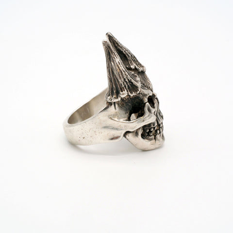 Horned Skull Sterling Silver Biker Ring