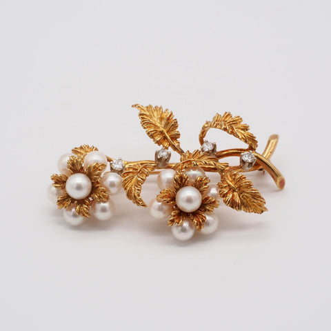 Magnificent Signed 18K Gold Diamond  & Pearl Brooch