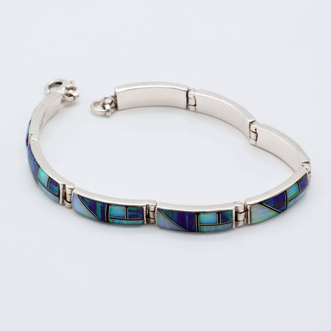 Signed Sterling Silver Mosaic Opal Inlay Bracelet