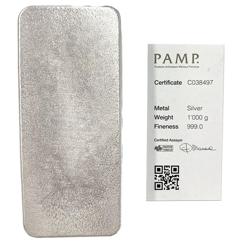 PAMP 1 Kilo Silver Bullion Bar | 32.15 Ounces Net Pure Silver - With Assay