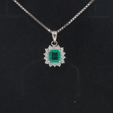 Lady's Platinum Square Emerald & Diamond Pendant - Brand New