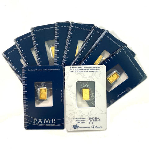 1 gram PAMP Suisse Fortuna .9999 Gold Bars in Assay Cards