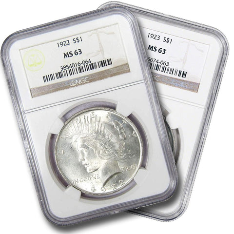 Common Date 1922 & 1923 Peace Dollars in NGC MS 63 - Freshly Made