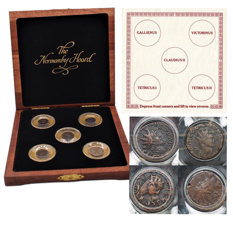 The Normanby Hoard Set of 5 Bronze Antoninianus Coins 253-275 AD. w/ Deluxe Wood Case