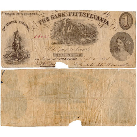 1861 $1 Bank of Pittsylvania, Virginia Note - Very Good