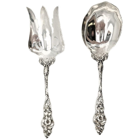 Reed and Barton Les Six Fleurs Pierced Sterling Silver Serving Fork and Spoon - 9 3/4"