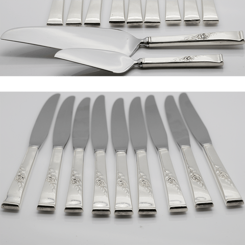 Reed & Barton Classic Rose Pie Server, Cheese Knife and 9 Modern Hollow Knives