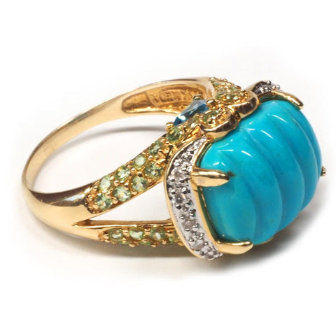 14K Gold MEDA Turquoise, Diamond, Blue Topaz & Prasiolite Ring