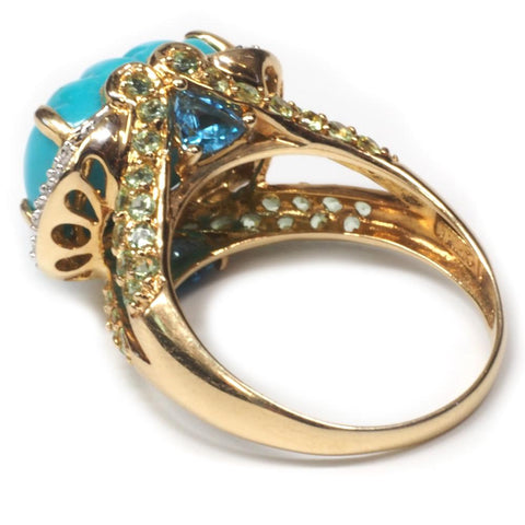 14K Gold MEDA Turquoise, Diamond, Blue Topaz & Prasiolite Ring