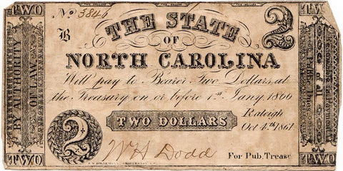 1861 $2 State of North Carolina Raleigh October 4 - Very Good/Fine