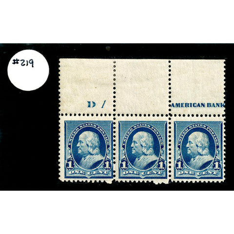 1890 1¢ Benjamin Franklin Scott #219 Plate Block of 3 - LH @ Top Mint OG VF