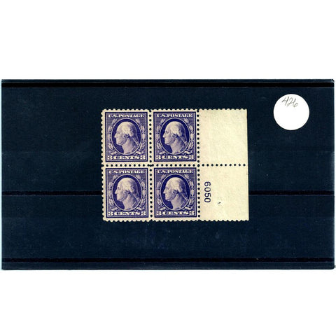 Scott #426 1914 3¢ Washington Plate Block of Four - VF LH OG