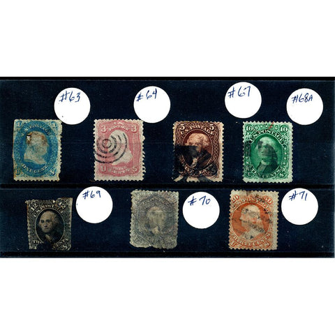 Stamps of 1861 - Scott #63, #64, #67, #68A, #69, #70, #71 - Used