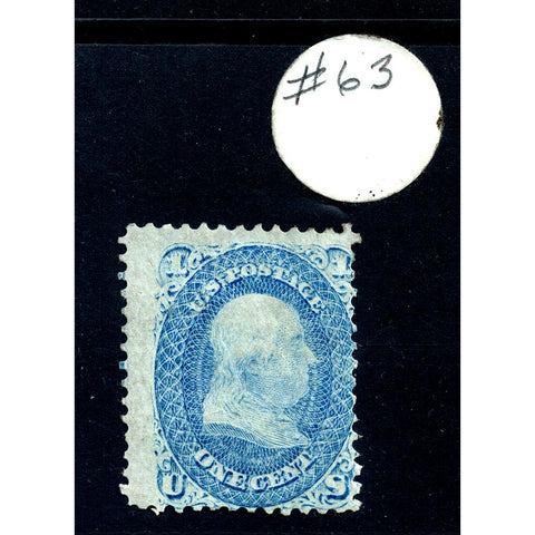 Scott #63 1861 1¢ Benjamin Franklin - Unused F H OG