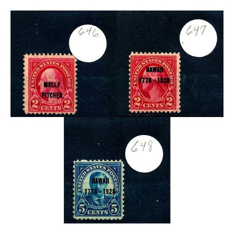 1928 2¢, 2¢, 5¢ Hawaii & Molly Pitcher Overprints Scott #646-648 - Mint OG VF