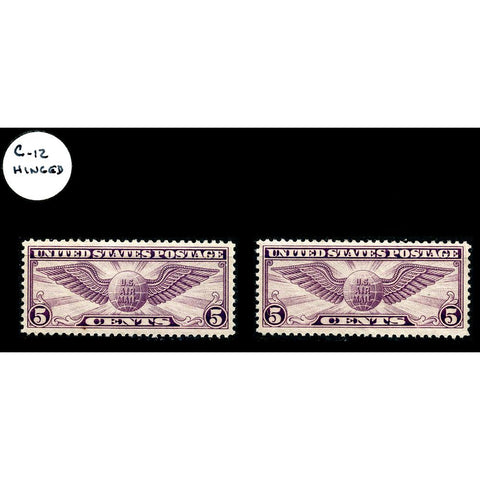 Pair of 1930 Scott #C-12 Winged Globe Air Mail Stamps - Mint OG LH XF & VF