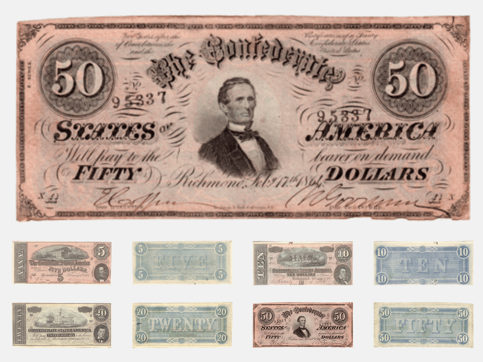 1864 $5 • $10 • $20 • $50 Confederate States Note Deal - VF