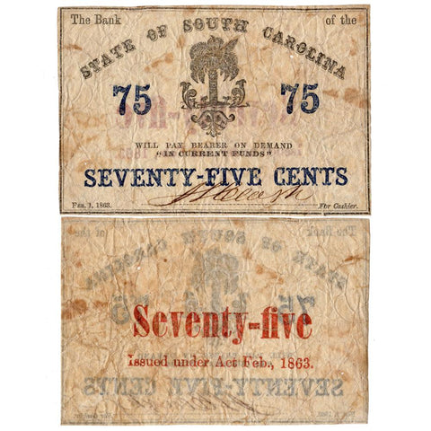 1863 Charleston South Carolina 75 cents Note - Fine