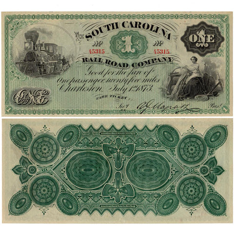 1873 South Carolina Railroad Company One Fare Ticket - Crisp Uncirculated