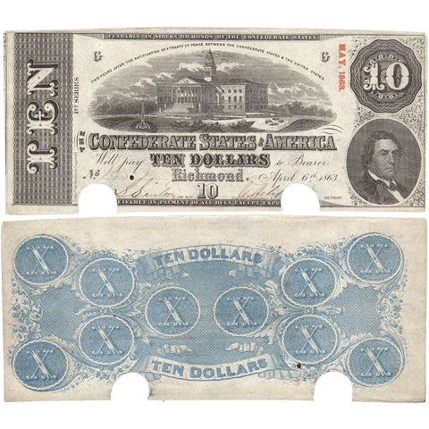 T-59 Apr. 6 1863 $10 Confederate States of America (C.S.A.) PF-18/Cr.436 ~ About Uncirculated COC