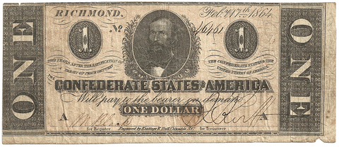 T-71 Feb. 17 1864 $1 Confederate States of America (C.S.A.) PF-8/Cr. 572 - Very Good