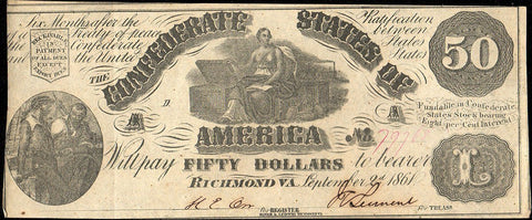 T-14 Sept. 2 1861 $50 Confederate States of America (C.S.A.) PF-3/Cr.64 - XF/AU