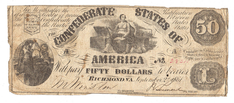 T-14 Sept. 2 1861 $50 Confederate States of America (C.S.A.) PF-6/Cr.75 - Very Good Cut Canceled