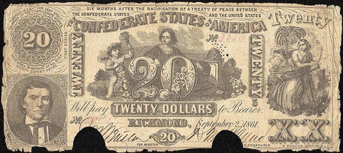 T-20 Sept 2 1861 $20 Confederate States of America (C.S.A.) PF-1/Cr.139 - Good/Very Good