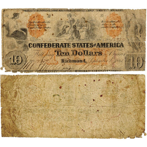 T-22 Sept. 2 1861 $10 Confederate States of America (C.S.A.) PF-1/Cr.150 - Good