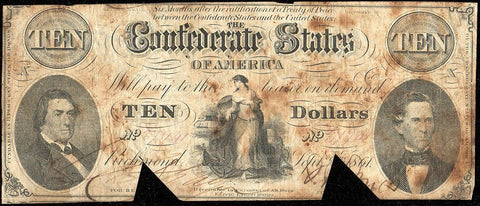 T-25 Sept. 2 1861 $10 Confederate States of America (C.S.A.) PF-2/Cr.169 - Net VG/Fine COC