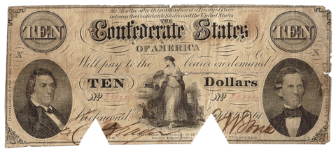 T-25 Sept. 2 1861 $10 Confederate States of America (C.S.A.) PF-1/Cr.168 - Net VG/F COC