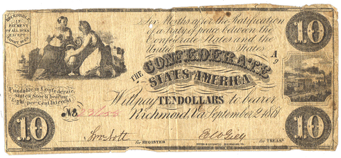 T-28 Sept. 2 1861 $10 Confederate States of America (C.S.A.) PF-2/Cr.231 ~ Fine