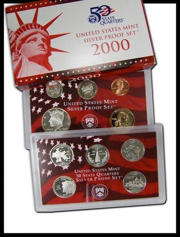 2000-S Statehood Silver 10 Coin Proof Set, In Original Box with COA