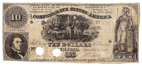 T-30 Sept. 2 1861 $10 Confederate States of America (C.S.A.) PF-1/Cr.238 ~ Fine/Very Fine POC