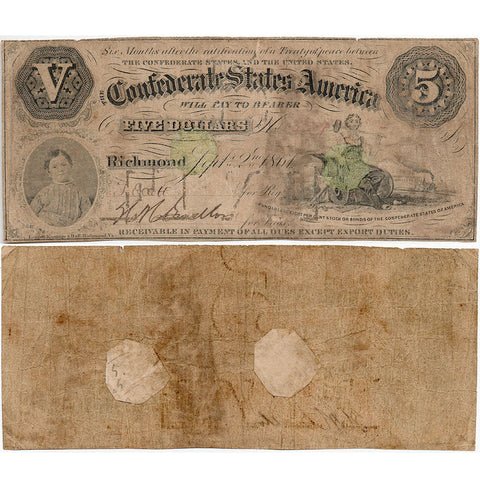 T-32 Sept 2 1861 $5 Confederate States of America (C.S.A.) PF-1/Cr.246 - Net Very Good