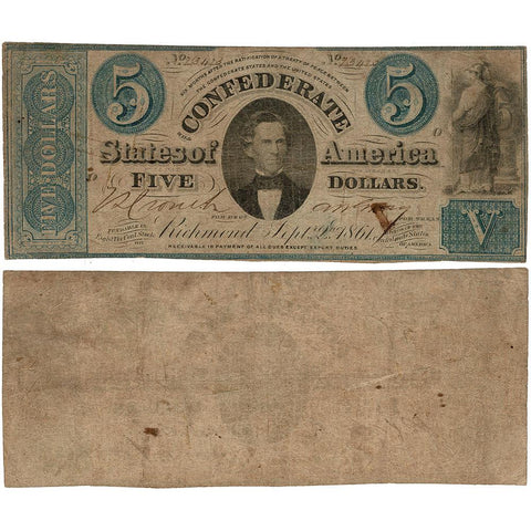 T-33 Sep. 2 1861 $5 Confederate States of America (C.S.A.) - Very Good (XCC)
