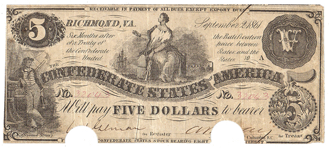 T-36 Sept 2 1861 $5 Confederate States of America (C.S.A.) PF-4/Cr.278 - Very Fine COC
