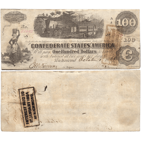 T-40 Oct. 1 1862 $100 Confederate States of America (C.S.A.) PF-1/Cr.298/500 ~ Very Fine