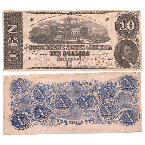 T-52 Dec. 2 1862 $10 Confederate States of America (C.S.A.) PF-2/Cr.376 - Fine
